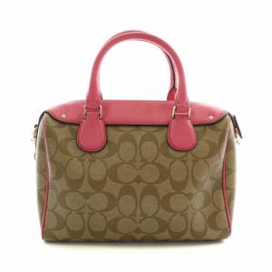 COACH ミニボストンバッグ ハンド ショルダー 2WAY PVC レザー シグネチャー 総柄 ロゴ 茶色 ブラウン ピンク F36702