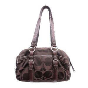 COACH ハンドバッグ シグネチャー チャーム キャンバス フェイクレザー 茶 ブラウン