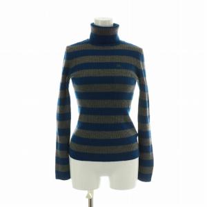 ニット セーター ウール 長袖 ボーダー柄 タートルネック ロゴ 刺繍 38 M 青 ブルー グレー