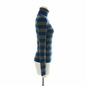 BURBERRY BLUE LABEL ニット セーター ウール 長袖 ボーダー柄 タートルネック ロゴ 刺繍 38 M 青 ブルー グレー