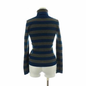 BURBERRY BLUE LABEL ニット セーター ウール 長袖 ボーダー柄 タートルネック ロゴ 刺繍 38 M 青 ブルー グレー