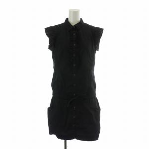 ワンピース ノースリーブ フリル ひざ丈 ロゴ 刺繍 38 M 紺 ネイビー