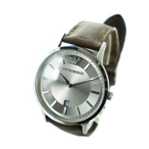 EMPORIO ARMANI 腕時計 ウォッチ クォーツ デイト カレンダー付き ロゴ レザーベルト シルバー色 茶 ブラウン AR-2463 GY27