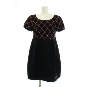 タグ付き ワンピース ウール 半袖 チェック ミドル 切替 38 S 紺 ネイビー GY18 /MQ