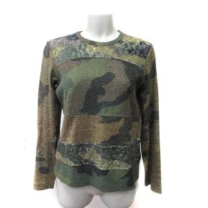 カットソー 長袖 迷彩柄 カモフラ 切替 透かし編み マルチカラー