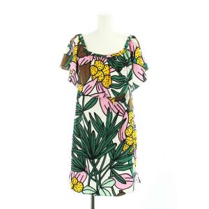 ミドルワンピース タグ付き ノースリーブ フリル リボン スクエアネック ヤシの木 総柄 ロゴ マルチカラー