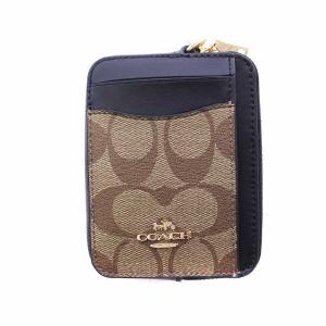 COACH ジップ カードケース ブロックド シグネチャー キャンバス レザー 小物入れ ロゴ ゴールド金具 茶 ブラウン C1885