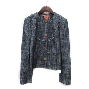 ノーカラージャケット ツイード フリンジ 総裏地 総柄 4 L 紺 ネイビー 白 ホワイト /YI GY18