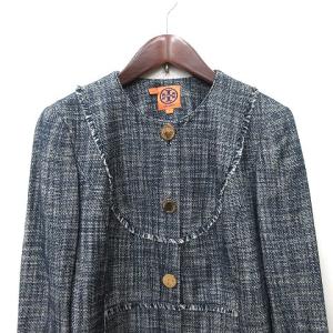 TORY BURCH ノーカラージャケット ツイード フリンジ 総裏地 総柄 4 L 紺 ネイビー 白 ホワイト /YI GY18