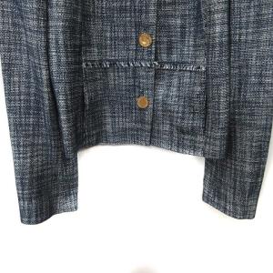 TORY BURCH ノーカラージャケット ツイード フリンジ 総裏地 総柄 4 L 紺 ネイビー 白 ホワイト /YI GY18