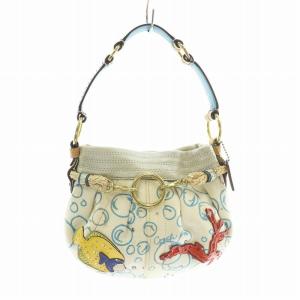 ハンドバッグ キャンバス レザー 海 魚 マリンモチーフ スパンコール ロゴ 総柄 白 ホワイト 水色 ライトブルー