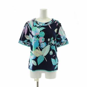 Tシャツ カットソー 半袖 花柄 ロゴ 総柄 LL 紺 ネイビー 青 ブルー 0359140