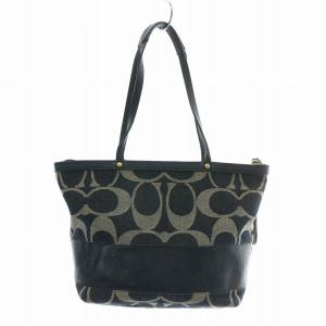 COACH トートバッグ ハンド ワンショルダー デニム キャンバス レザー シグネチャー 総柄 紺 ネイビー F12546