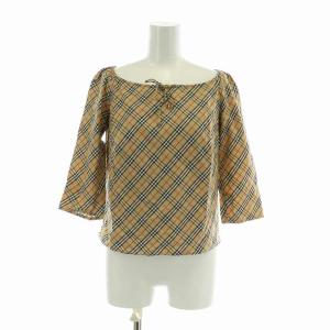 シャツ ブラウス 五分袖 ノバチェック 総柄 リボン 38 M ベージュ