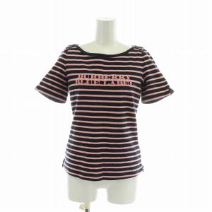 Tシャツ カットソー 半袖 ボートネック ボーダー柄 総柄 ロゴ 刺繍 38 M 紺 ネイビー ピンク