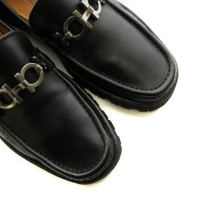 Salvatore Ferragamo ローファー モカシン ガンチーニ シルバー金具 スクエアトゥ レザー 7 25cm 黒 ブラック GY18