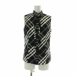 BURBERRY LONDON セットアップ 上下 ブラウス ノースリーブ フリル 台形スカート ひざ丈 ジップフライ チェック柄 ロゴ 刺繍 38 36