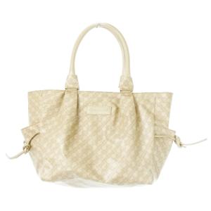 ハンドバッグ サイドリボン ナイロン ハンドルレザー 総柄 ベージュ