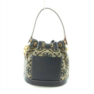 TORY BURCH Tモノグラム ジャカード バケット ハンド バッグ ショルダー 2WAY 巾着 キャンバス レザー ロゴ 総柄 紺 ネイビー