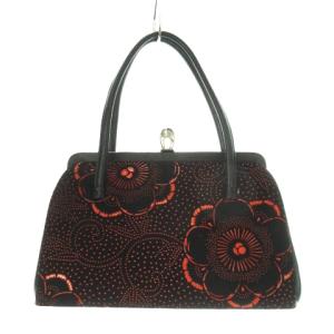 ハンドバッグ 花柄 がま口 ディアスキン 鹿革 花柄 ドット 和柄 総柄 黒 ブラック 赤 レッド /AH11