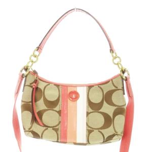 ショルダーバッグ ハンドバッグ 2way パテントレザー 本革 キャンバス生地 シグネチャー ベージュ F23546