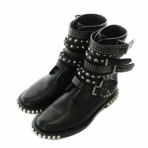 ショートブーツ レザー ラウンドトゥ スタッズ ベルト 36.5 23.5cm 黒 ブラック 353876