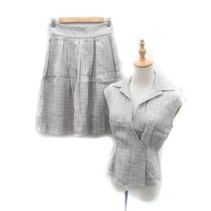 セットアップ 上下 オープンカラーベスト ミドル丈 フレアスカート ミモレ丈 総柄 麻 リネン混 上40