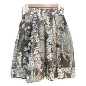 ARMANI COLLEZIONI フレアスカート ミモレ丈 リネン 麻 シルク混 花柄 総柄 42 M 黒 白 ブラック ホワイト