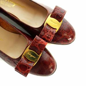 Salvatore Ferragamo ヴァラ VARA パンプス リボン ゴールド金具 ロゴ クロコ型押し レザー チャンキーヒール 6.5 24cm 茶 ブラウン