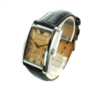 EMPORIO ARMANI 腕時計 ウォッチ クォーツ ロゴ スクエア ゴールド文字盤 レザーベルト シルバー色 AR-1605 GY18