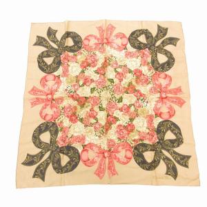 スカーフ チーフ 絹 シルク リボン バラ柄 花柄 ベージュ ピンク