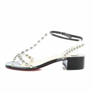 Christian Louboutin サンダル レザー オープントゥ チャンキーヒール 丸スタッズ ストラップ 37 24cm 黒 ブラック