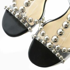 Christian Louboutin サンダル レザー オープントゥ チャンキーヒール 丸スタッズ ストラップ 37 24cm 黒 ブラック