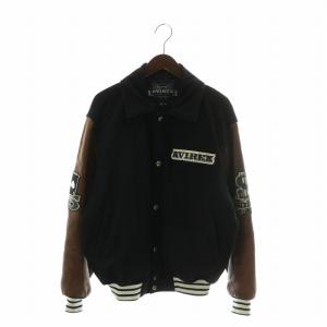 AVIREX Hi-ROLLERS スタジャン ブルゾン レザー ウール  切替 ロゴ 刺繍 カジノ ワッペン M 黒 ブラック 茶色 ブラウン