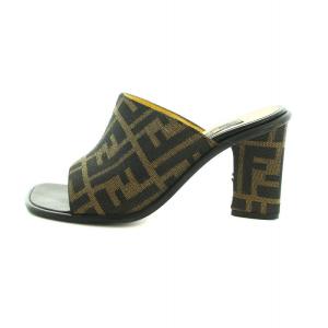 FENDI サンダル ミュール ズッカ柄 キャンバス ヒール ロゴ スクエアトゥ 36.5 23.5cm 茶 ブラウン 黒 ブラック GY18