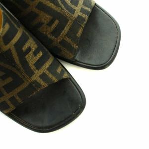 FENDI サンダル ミュール ズッカ柄 キャンバス ヒール ロゴ スクエアトゥ 36.5 23.5cm 茶 ブラウン 黒 ブラック GY18