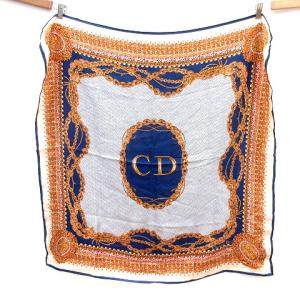 スカーフ 大判 総柄 絹 シルク オレンジ 紺 ネイビー