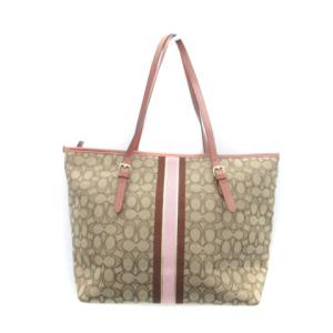 COACH トートバッグ ハンドバッグ ショルダーバッグ シグネチャー柄 ストライプ キャンバス 茶色 ブラウン ピンク f39043