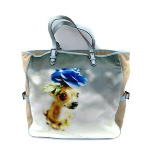 ANYA HINDMARCH ハンドバッグ トートバッグ ショルダーバッグ キャンバス プリントデザイン 犬 マルチカラー 水色 ライトブルー