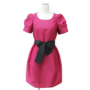 フレアワンピース ひざ丈 半袖 パフショルダー Uネック 切替 リボン付き ストライプ柄 38 M ピンク