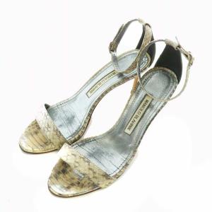 サンダル レザー オープントゥ ピンヒール パイソン柄 アンクルストラップ 37 23.5cm ベージュ