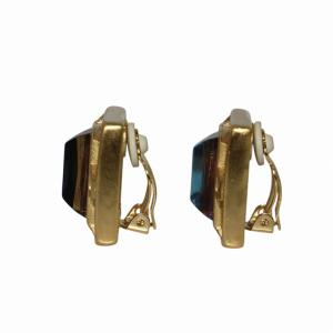 GIVENCHY ヴィンテージ イヤリング カラーストーン 青石 4G ロゴ スクエア 両耳用 バネクリップ式 金色 ゴールドカラー