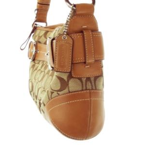 COACH ハンドバッグ ワンハンドル マルチway ショルダーバッグ キャンバス 切替 レザー チャーム付き シグネチャー 茶 ブラウン