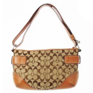 COACH ハンドバッグ ワンハンドル マルチway ショルダーバッグ キャンバス 切替 レザー チャーム付き シグネチャー 茶 ブラウン
