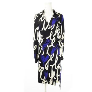 シルクワンピース カシュクール ひざ丈 長袖 ストレッチ 薄手 タイト ハート 総柄 4 S 黒 ブラック