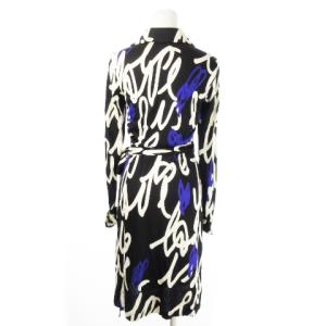 DIANE von FURSTENBERG シルクワンピース カシュクール ひざ丈 長袖 ストレッチ 薄手 タイト ハート 総柄 4 S 黒 ブラック