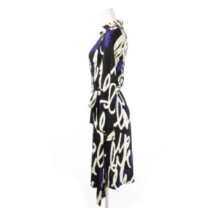 DIANE von FURSTENBERG シルクワンピース カシュクール ひざ丈 長袖 ストレッチ 薄手 タイト ハート 総柄 4 S 黒 ブラック