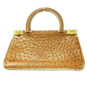 ハンドバッグ オーストリッチ 本革 レザー フルオープン ゴールド金具 茶 ブラウン /CK12 GY18