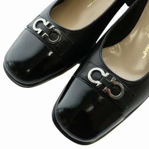 Salvatore Ferragamo パンプス レザー エナメル スクエアトゥ チャンキーヒール ガンチーニ 6.5 24cm 黒 ブラック