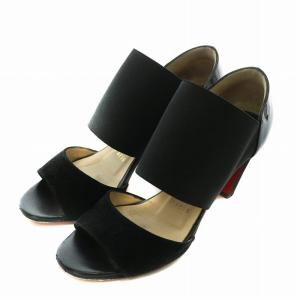 サンダル ミュール スエード エナメル オープントゥ チャンキーヒール 34.5 21.5cm 黒 ブラック